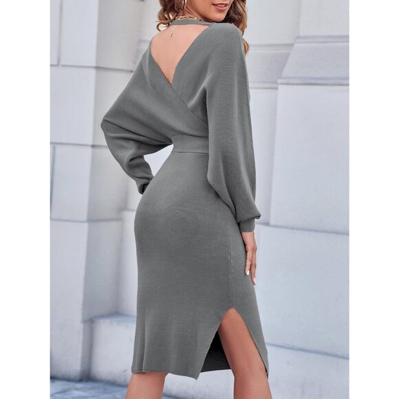Women's Sweater Dress Wrap Batwing V Neck Slit Bodycon Dress Valentine Grey - Picture 4 of 7